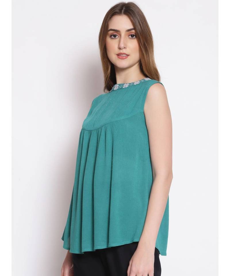 embroidered Green Viscose   Top