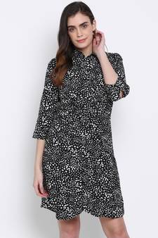 printed Black Polyester   Dress