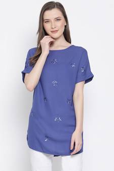 embroidered blue Polyester   Top