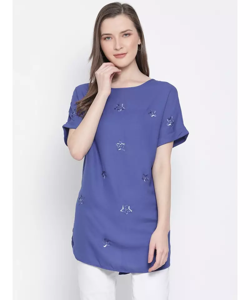 embroidered blue Polyester   Top