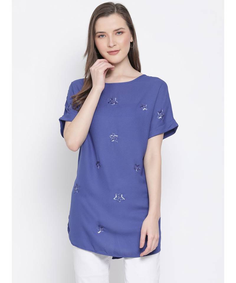 embroidered blue Polyester   Top
