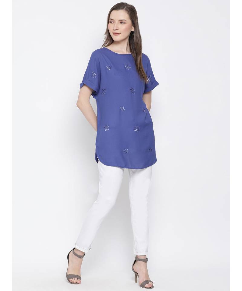 embroidered blue Polyester   Top