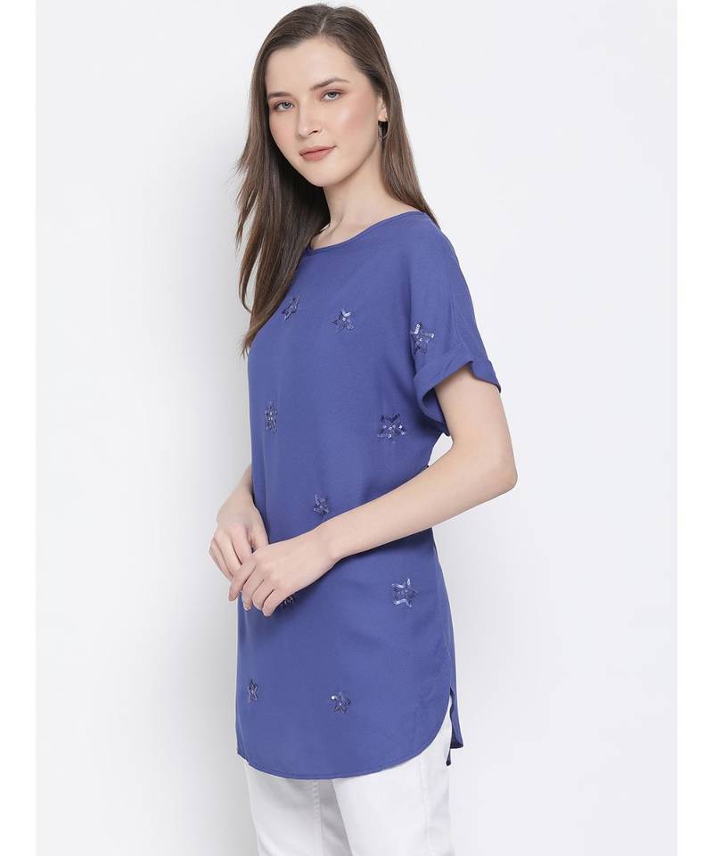 embroidered blue Polyester   Top