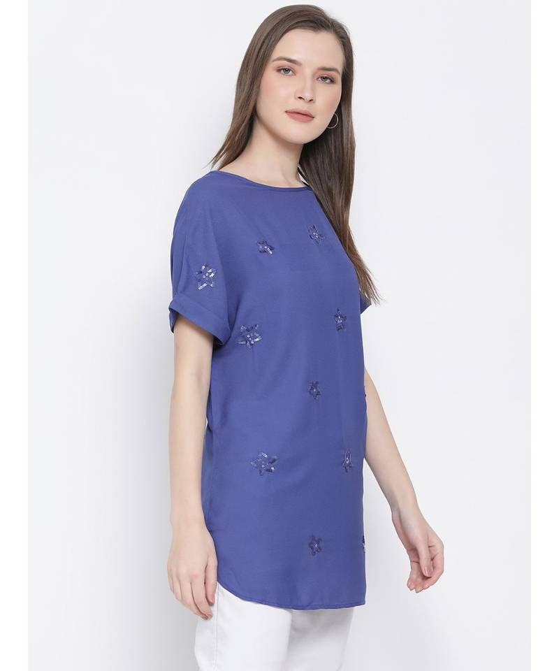 embroidered blue Polyester   Top