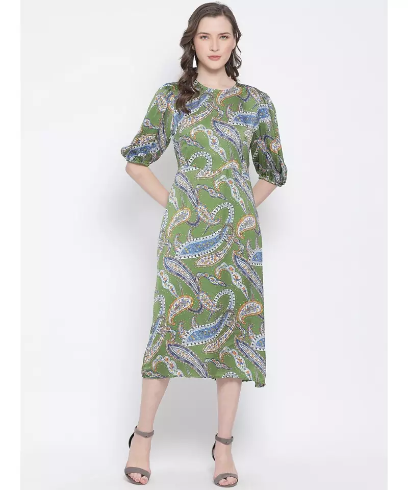 printed Green Polyester   Dress
