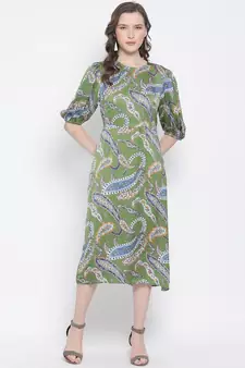 printed Green Polyester   Dress