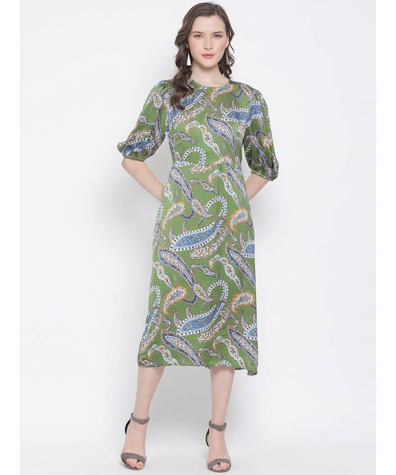 printed Green Polyester   Dress