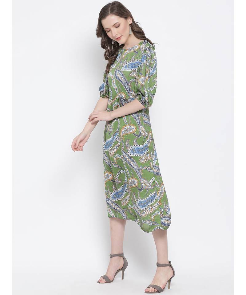printed Green Polyester   Dress