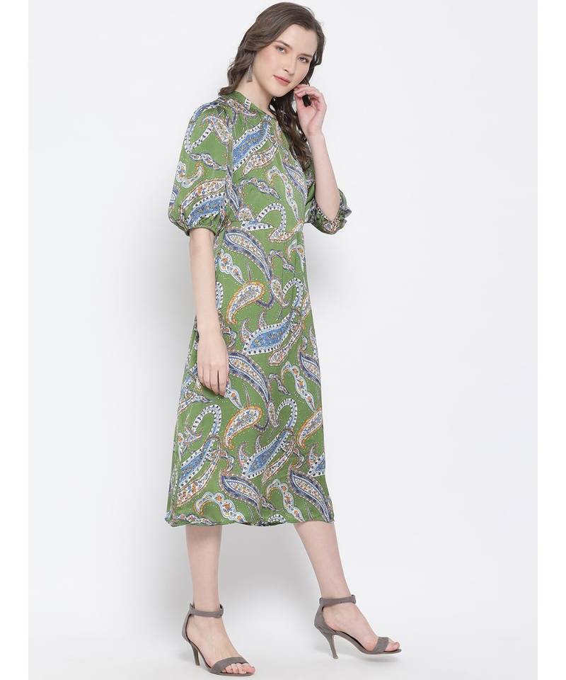 printed Green Polyester   Dress