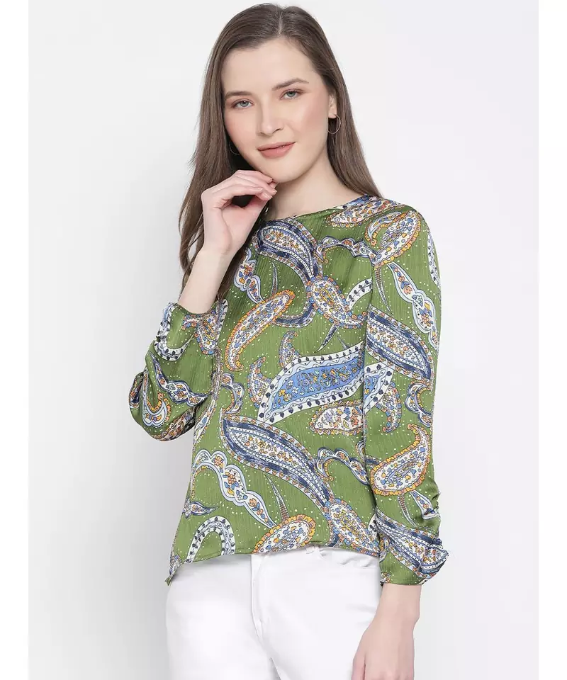 printed Green Polyester   Top