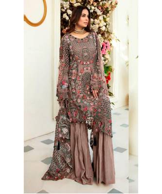 Chocalate Net Embroidery Stone Work Pakistani Style Top , Bottom and dupatta Suit 1