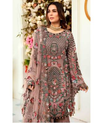 Chocalate Net Embroidery Stone Work Pakistani Style Top , Bottom and dupatta Suit 2