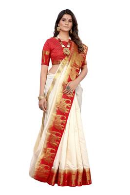 Off white woven kanchipuram silk saree with blouse 4