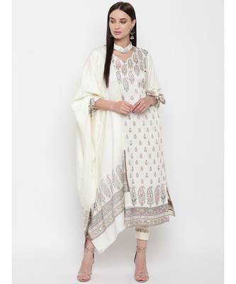 Off White Viscose Acrylic Women Woven Dress Material 2