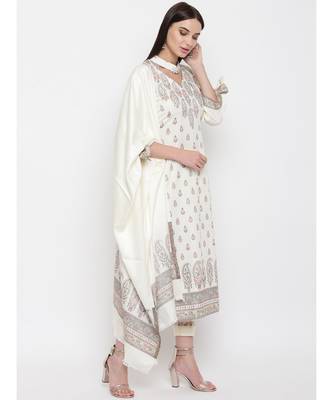 Off White Viscose Acrylic Women Woven Dress Material 4