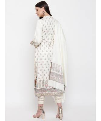 Off White Viscose Acrylic Women Woven Dress Material 5