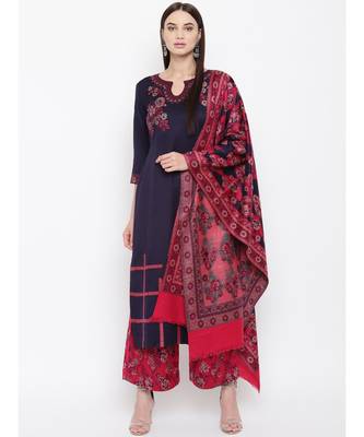 Navy Blue Viscose Acrylic Women Woven Dress Material 2
