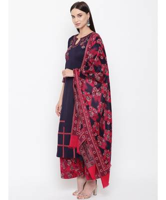 Navy Blue Viscose Acrylic Women Woven Dress Material 3