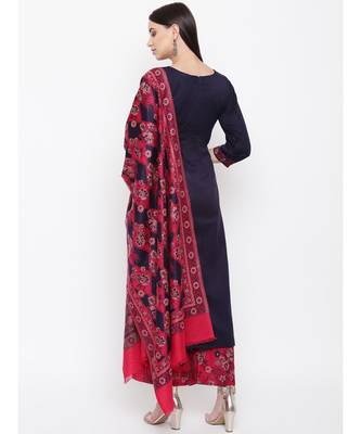 Navy Blue Viscose Acrylic Women Woven Dress Material 5