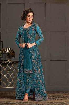 aqua blue super net jacket abaya style Suit 1