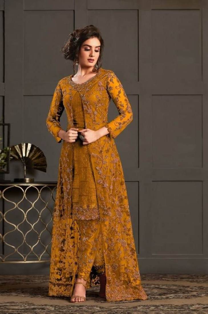 yellow super net jacket abaya style Suit