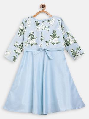Blue printed faux silk kids Frock 1