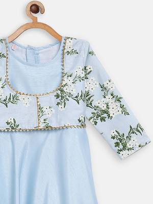 Blue printed faux silk kids Frock 2