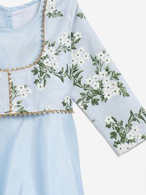 Blue printed faux silk kids Frock 3