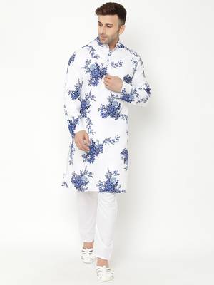 White cotton Printed   men kurta 1