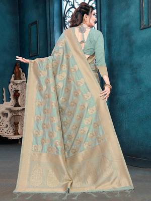 Light green woven silk blend saree with blouse 4