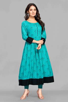 Teal printed rayon ethnic-kurtis 1