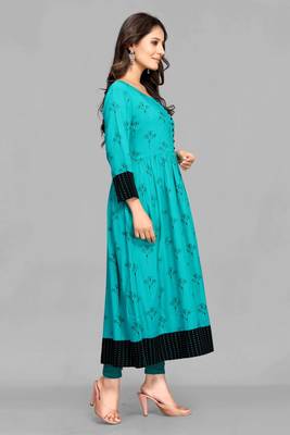 Teal printed rayon ethnic-kurtis 3