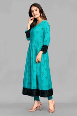 Teal printed rayon ethnic-kurtis 4