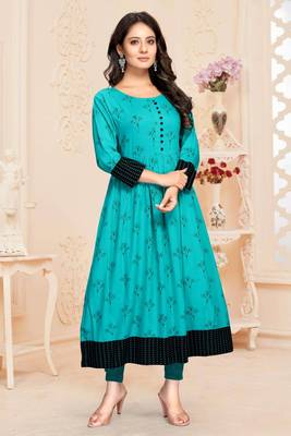 Teal printed rayon ethnic-kurtis 5