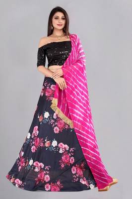 Black floral printed silk blend semi stitched lehenga choli 1