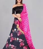 Black floral printed silk blend semi stitched lehenga choli