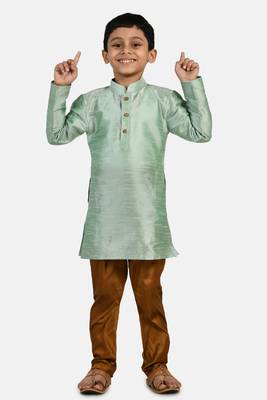 Turquoise plain cotton silk boys-kurta-pyjama 1