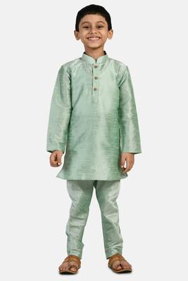 Turquoise plain cotton silk boys-kurta-pyjama 1