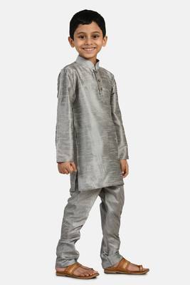 Grey plain cotton silk boys-kurta-pyjama 2