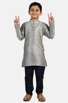 Grey plain cotton silk boys-kurta-pyjama 1