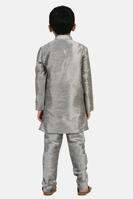 Grey plain cotton silk boys-kurta-pyjama 3