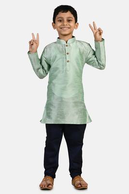 Turquoise plain cotton silk boys-kurta-pyjama 1