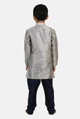 Grey plain cotton silk boys-kurta-pyjama 3