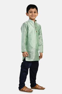 Turquoise plain cotton silk boys-kurta-pyjama 2