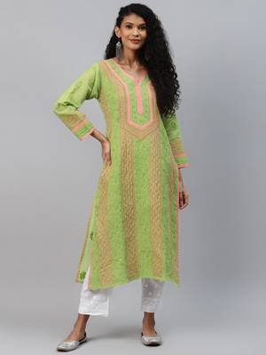 Green embroidered cotton chikankari-kurtis 1