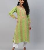 Green embroidered cotton chikankari-kurtis
