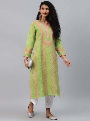 Green embroidered cotton chikankari-kurtis 4