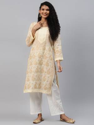 Ada Hand Crafted Beige cotton Lucknowi chikankari Indian Women Kurta - A238244 1