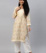 Ada Hand Crafted Beige cotton Lucknowi chikankari Indian Women Kurta - A238244