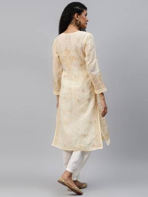 Ada Hand Crafted Beige cotton Lucknowi chikankari Indian Women Kurta - A238244 2